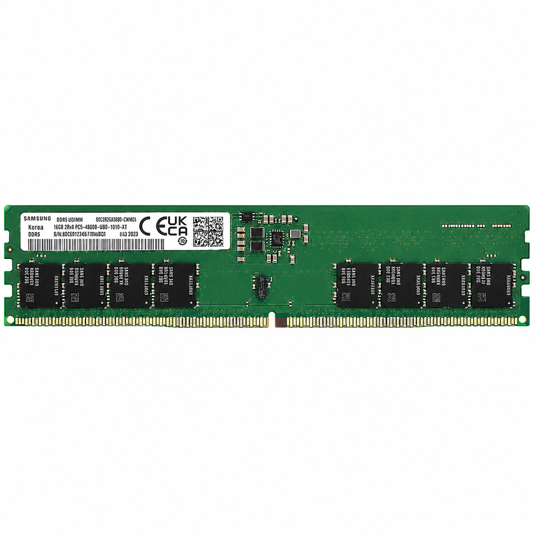 Samsung 16GB DDR5 6400MT/s UDIMM desktop RAM chip side view showing the green PCB, memory chips and gold connector pins