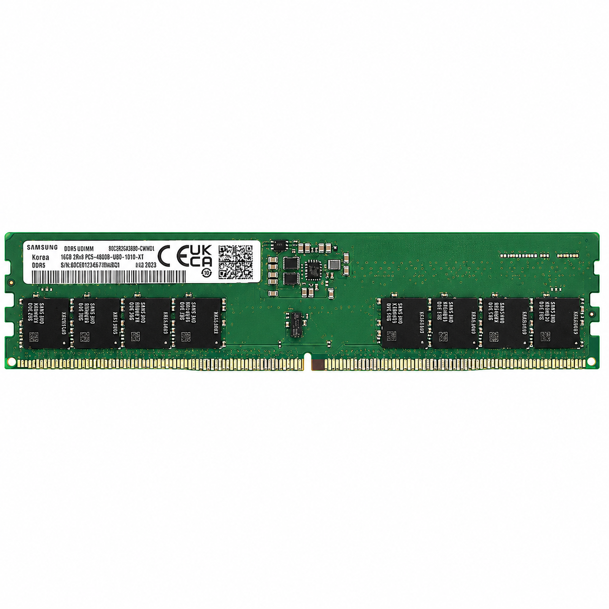 Samsung 16GB DDR5 6400MT/s desktop memory module label side view showing the product sticker and green PCB