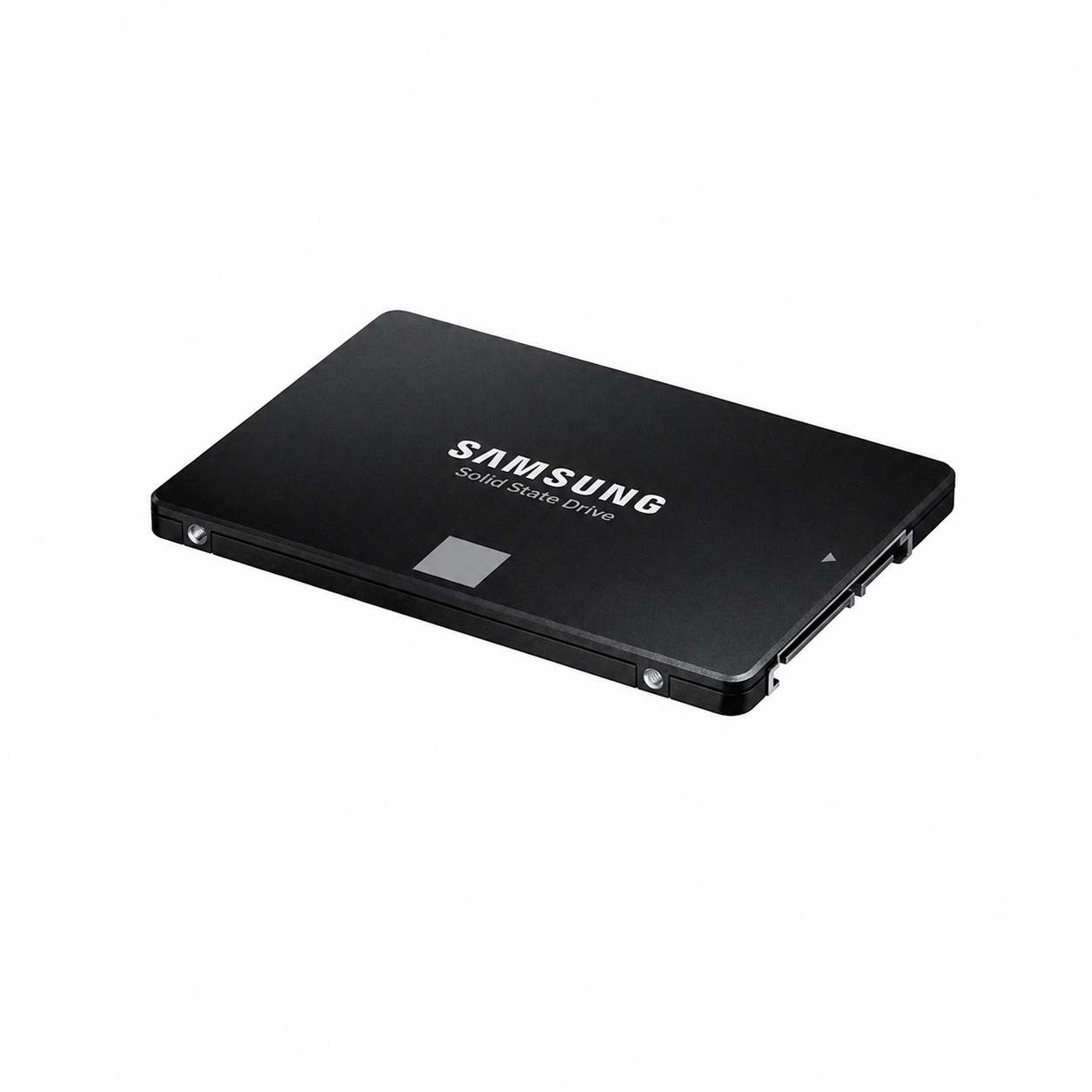 Samsung 2.5-inch internal solid state drive in black, shown from a top angled view on a white background