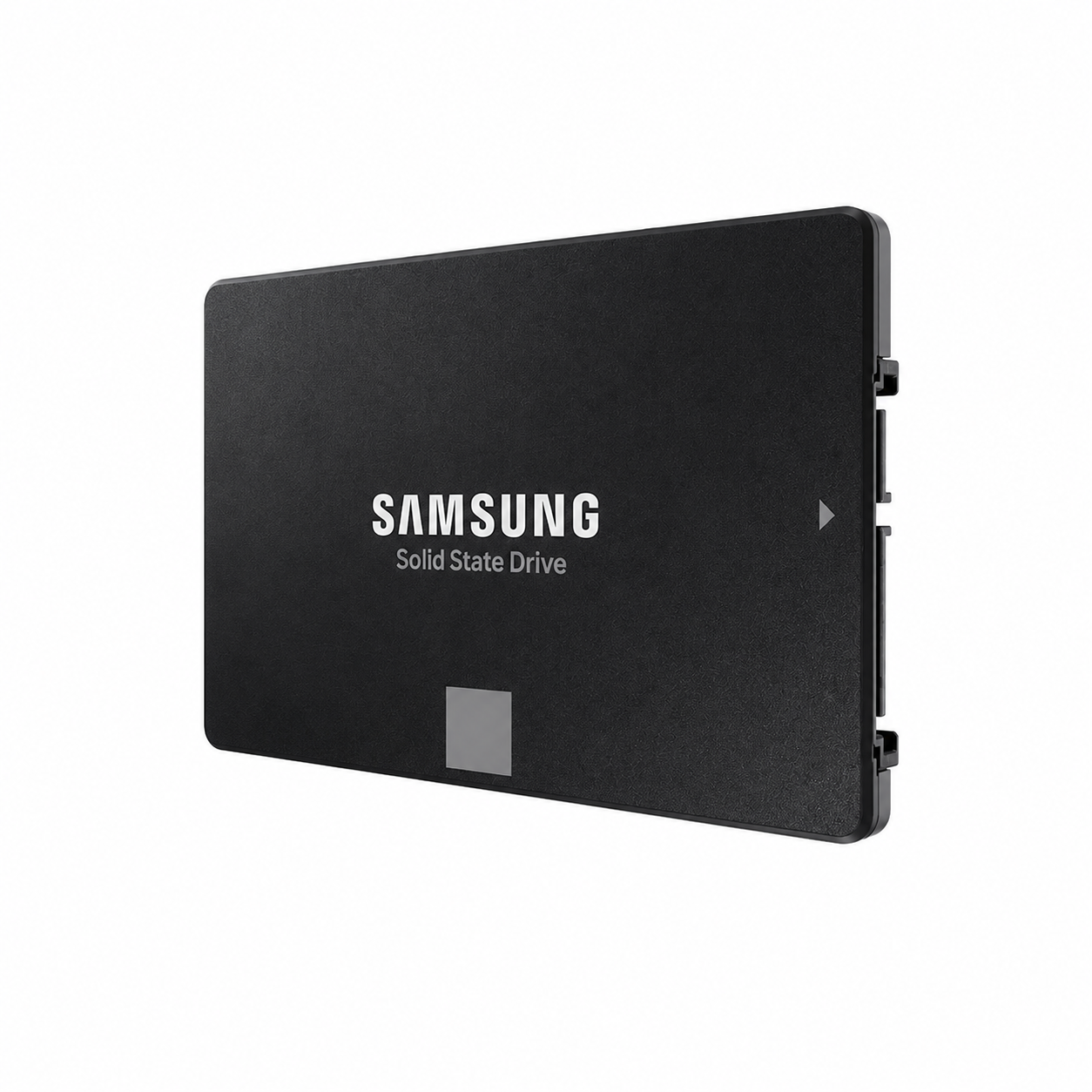 Samsung black 2.5-inch internal SSD, shown from a front angled side view on a white background