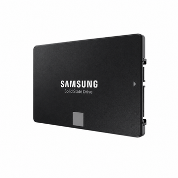 Samsung black 2.5-inch internal SSD, shown from a front angled side view on a white background