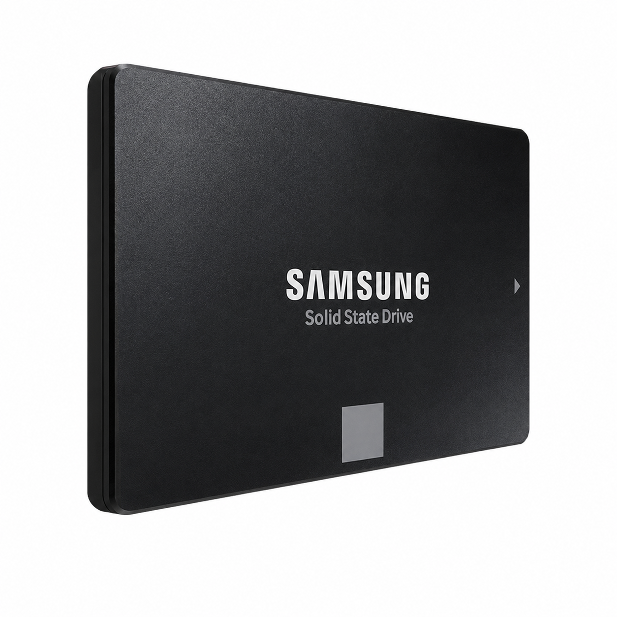 Samsung black 2.5-inch internal SSD, shown from a front angled side view.