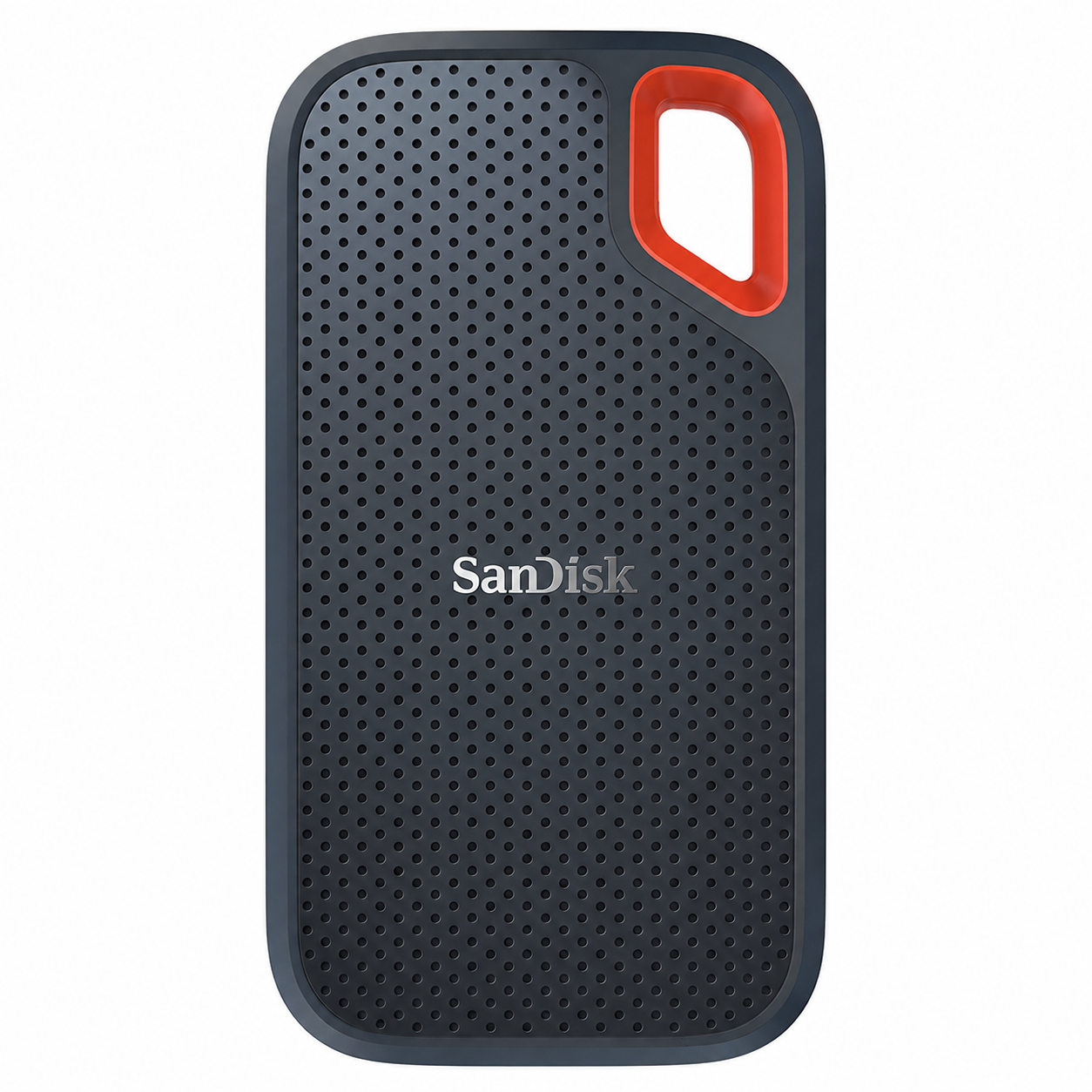 SanDisk Extreme PRO Portable 1TB SSD front view showing the black textured casing and orange carrying loop