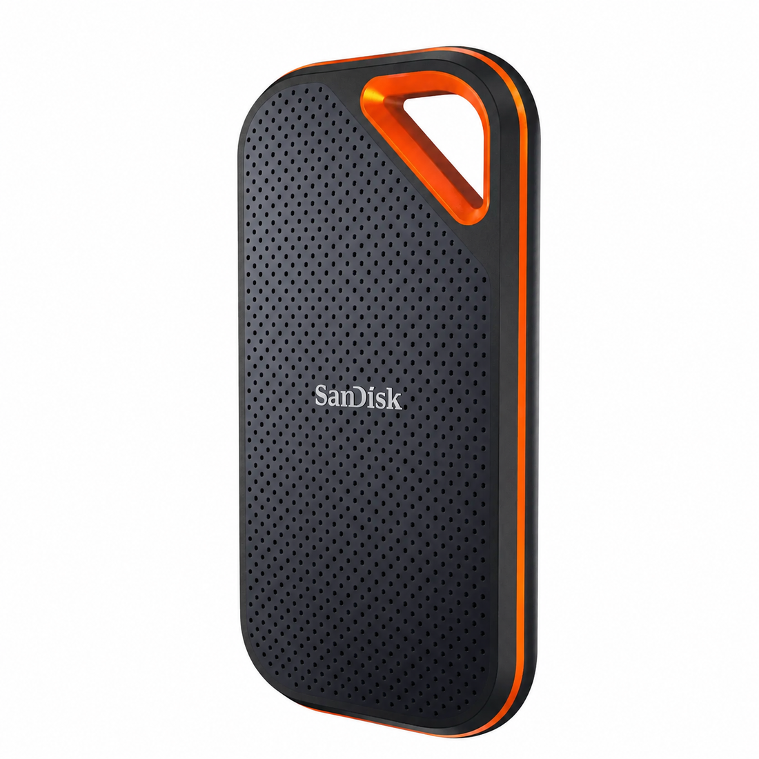 SanDisk Extreme PRO Portable 1TB SSD front view showing the black textured casing and orange carrying loop