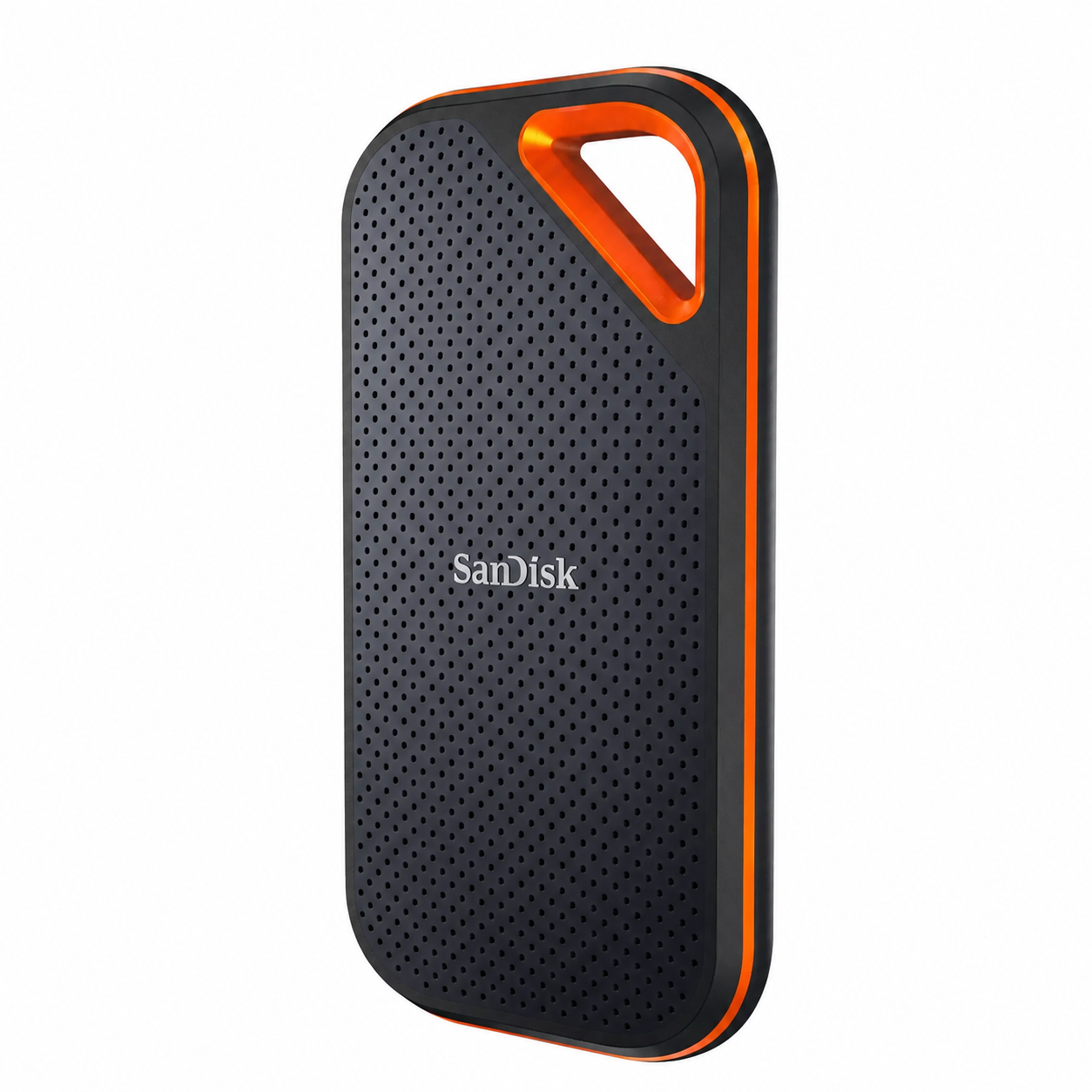 SanDisk Extreme PRO Portable 1TB SSD upright angled view showing the rugged black body and orange loop