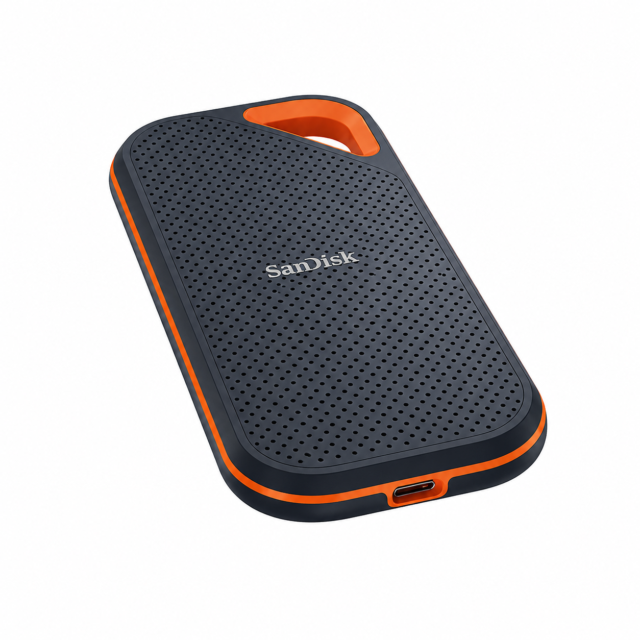 SanDisk Extreme PRO Portable 2TB SSD angled view showing the black and orange protective casing and USB-C connection port
