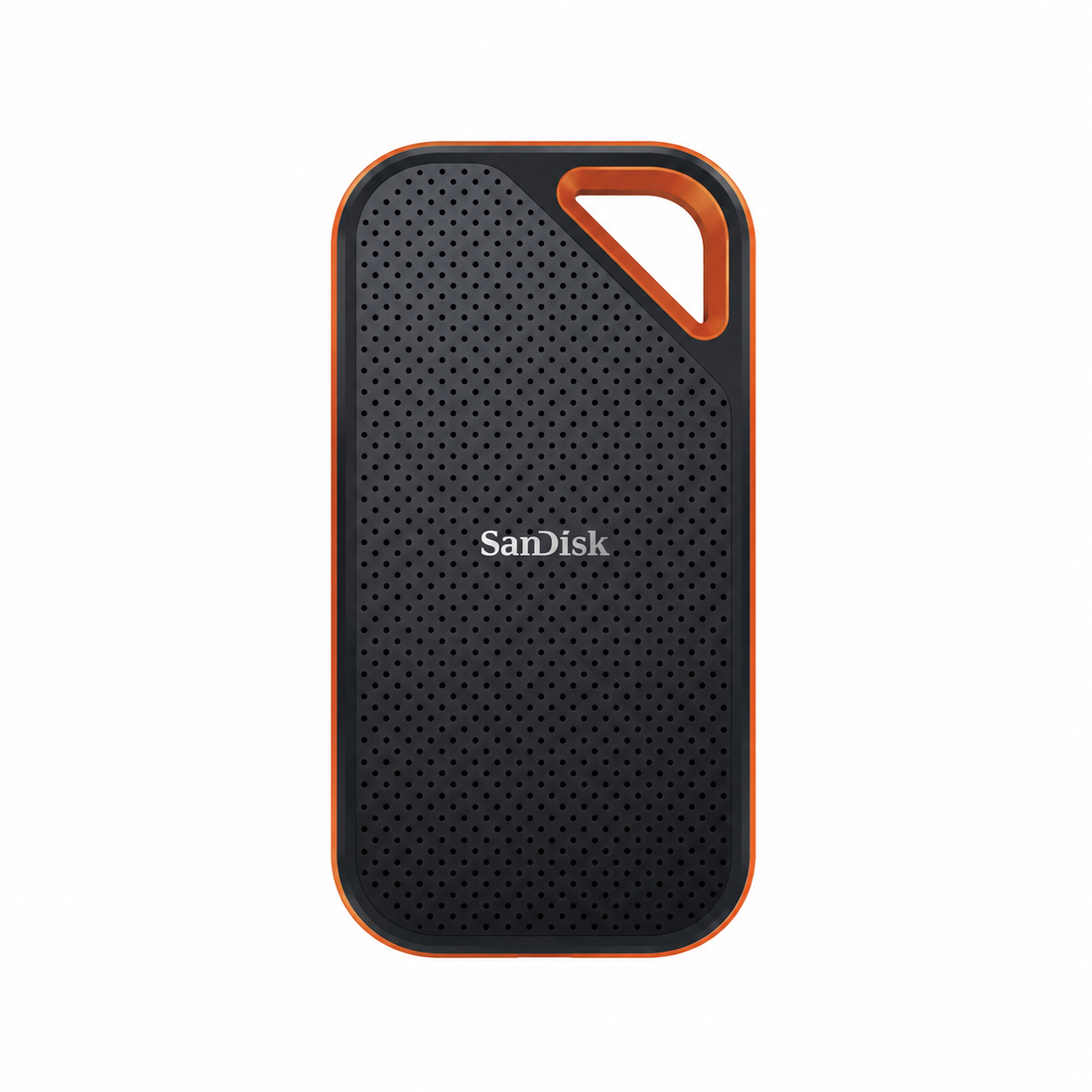 SanDisk Extreme PRO Portable 2TB SSD upright angled view highlighting the compact textured body and orange carabiner loop