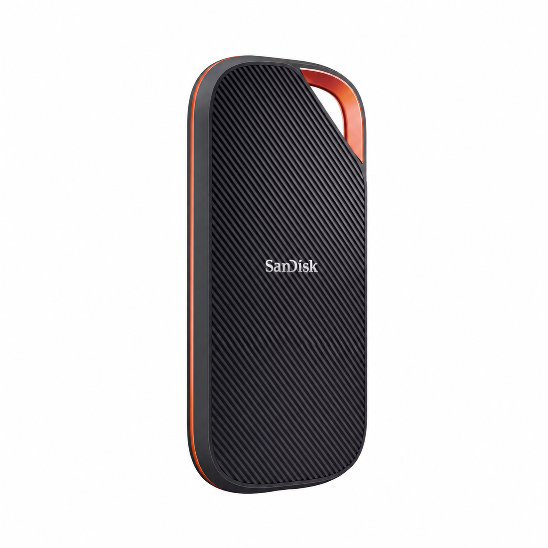 SanDisk Extreme PRO Portable 2TB SSD upright angled view highlighting the compact textured body and orange carabiner loop