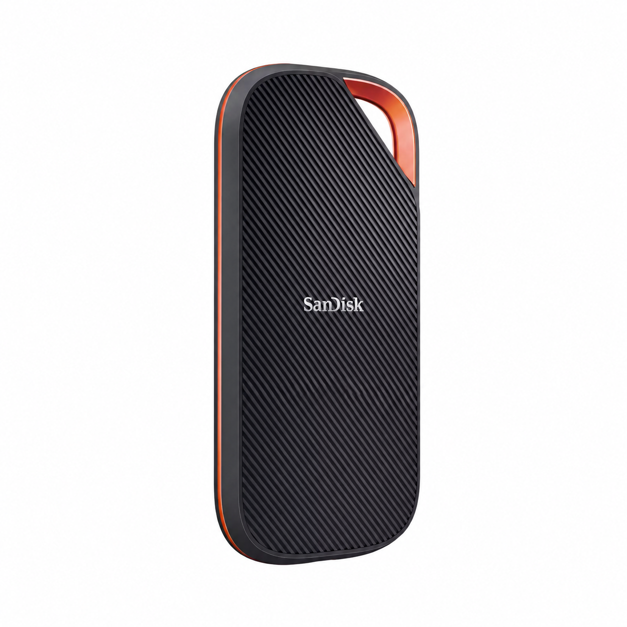 SanDisk Extreme PRO Portable 2TB SSD upright angled view highlighting the compact textured body and orange carabiner loop