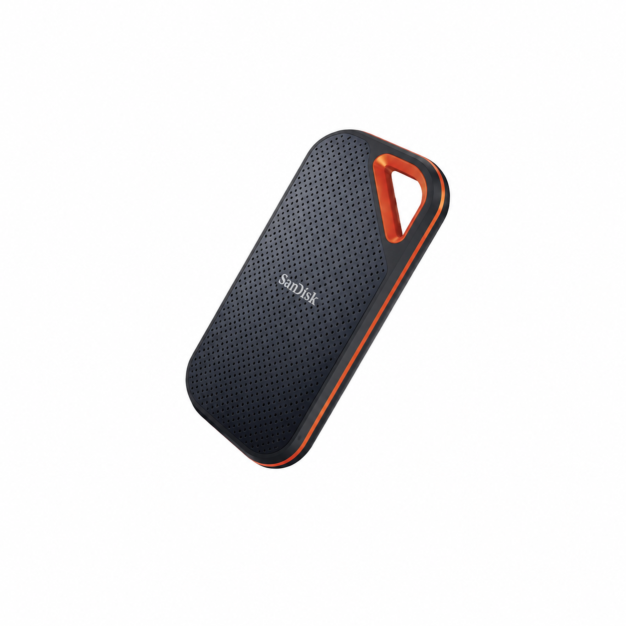 SanDisk Extreme PRO Portable 4TB SSD angled view showing the rugged black textured body, orange trim and integrated carabiner loop