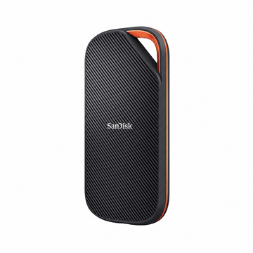 SanDisk Extreme PRO USB4 4TB Portable SSD angled front view showing the black textured body, orange trim and integrated corner loop
