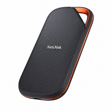 SanDisk Extreme PRO USB4 4TB Portable SSD diagonal view highlighting the rugged black casing and orange edge design