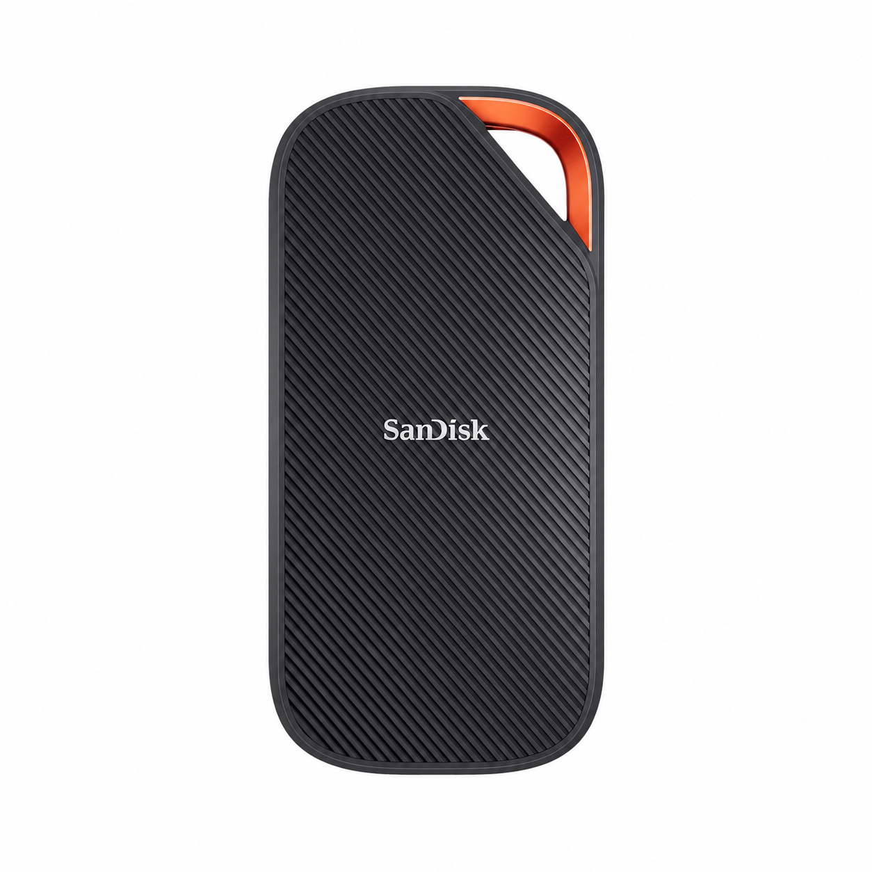 SanDisk Extreme PRO USB4 4TB Portable SSD front view showing the compact textured enclosure and orange corner loop