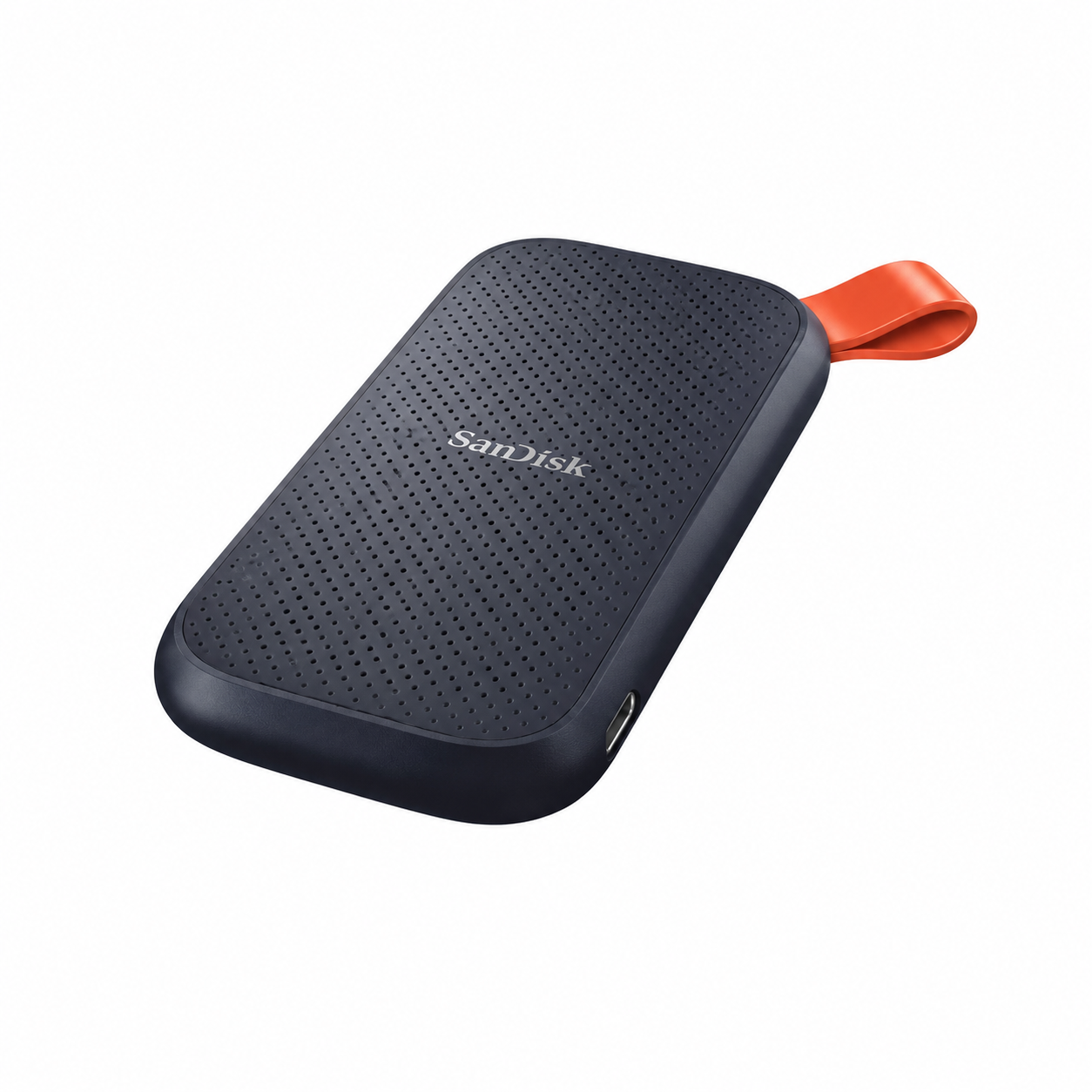 SanDisk Portable 1TB external SSD angled view showing the slim black body and integrated orange carrying loop