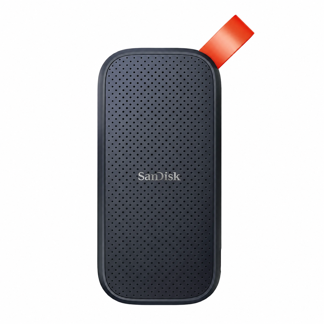SanDisk Portable 1TB SSD front view showing the compact black textured design and orange rubber hook