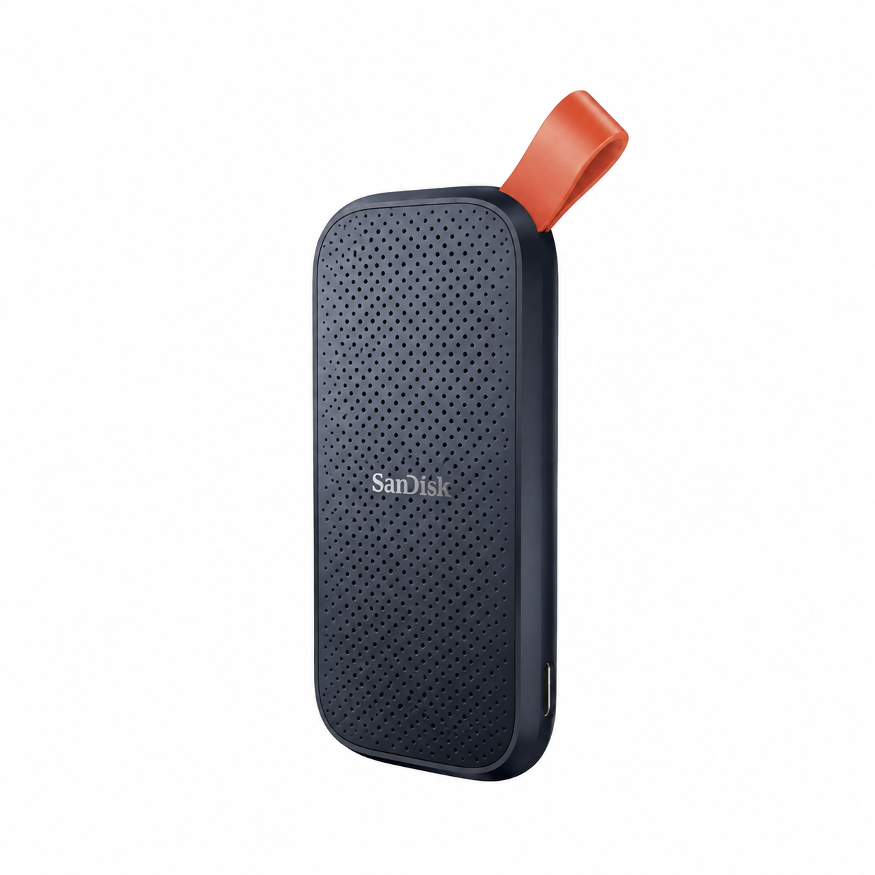 SanDisk Portable 1TB SSD side angled view highlighting the textured casing and durable orange rubber hook