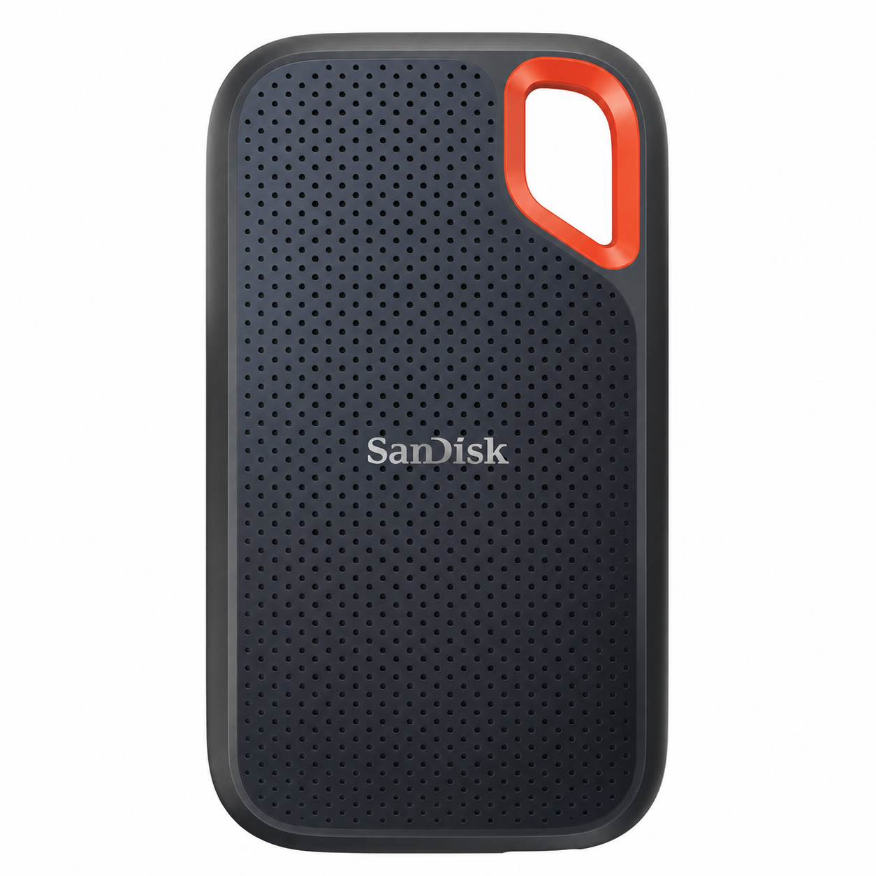 SanDisk Extreme PRO Portable 4TB SSD front view showing the compact black casing with orange corner loop