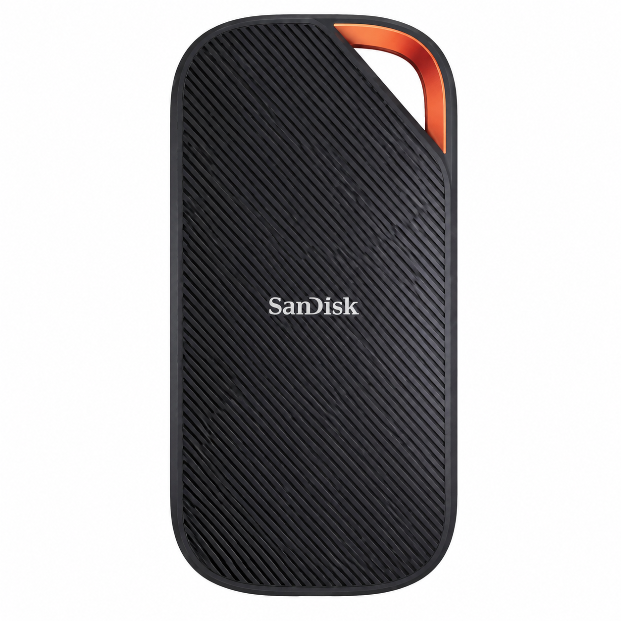 SanDisk Extreme PRO USB4 2TB Portable SSD front view showing the black textured body and orange corner loop