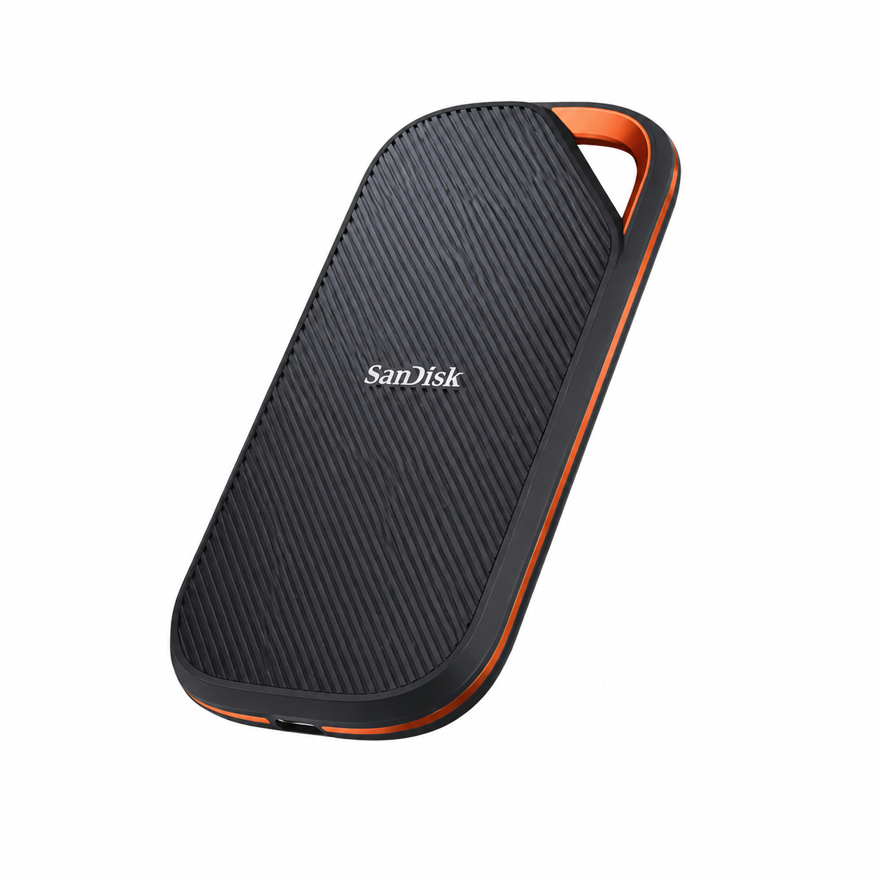 SanDisk Extreme PRO USB4 2TB SSD diagonal view showing the textured black casing and integrated orange loop