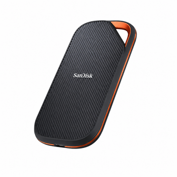 SanDisk Extreme PRO USB4 2TB SSD diagonal view showing the textured black casing and integrated orange loop