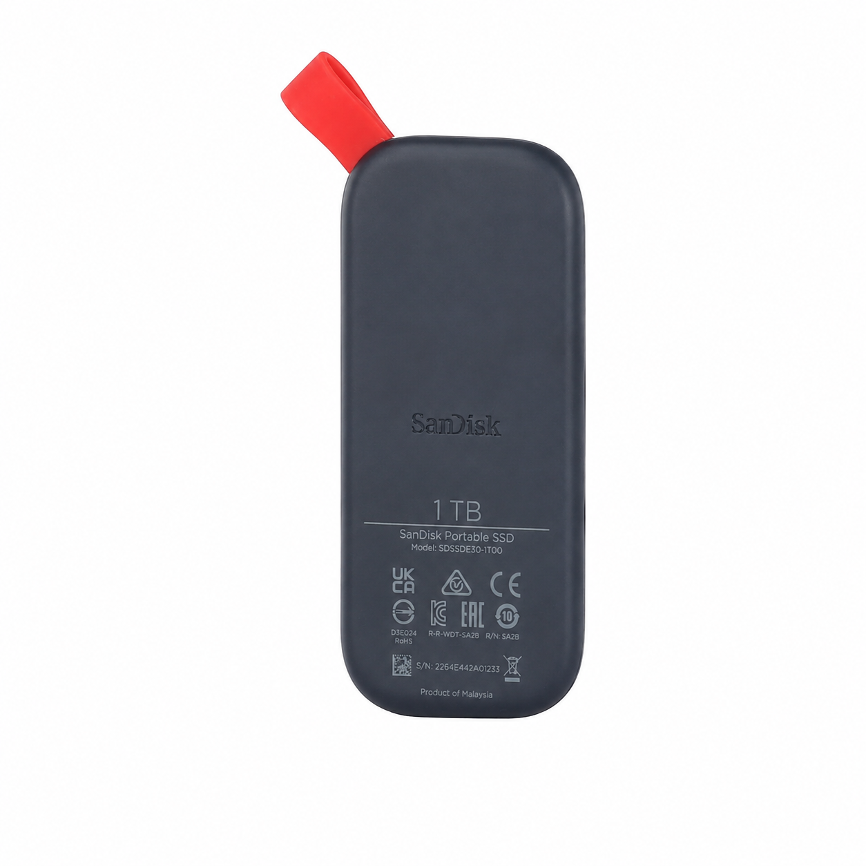 SanDisk Portable SSD 1TB rear view in dark navy with red carrying loop on a white background.