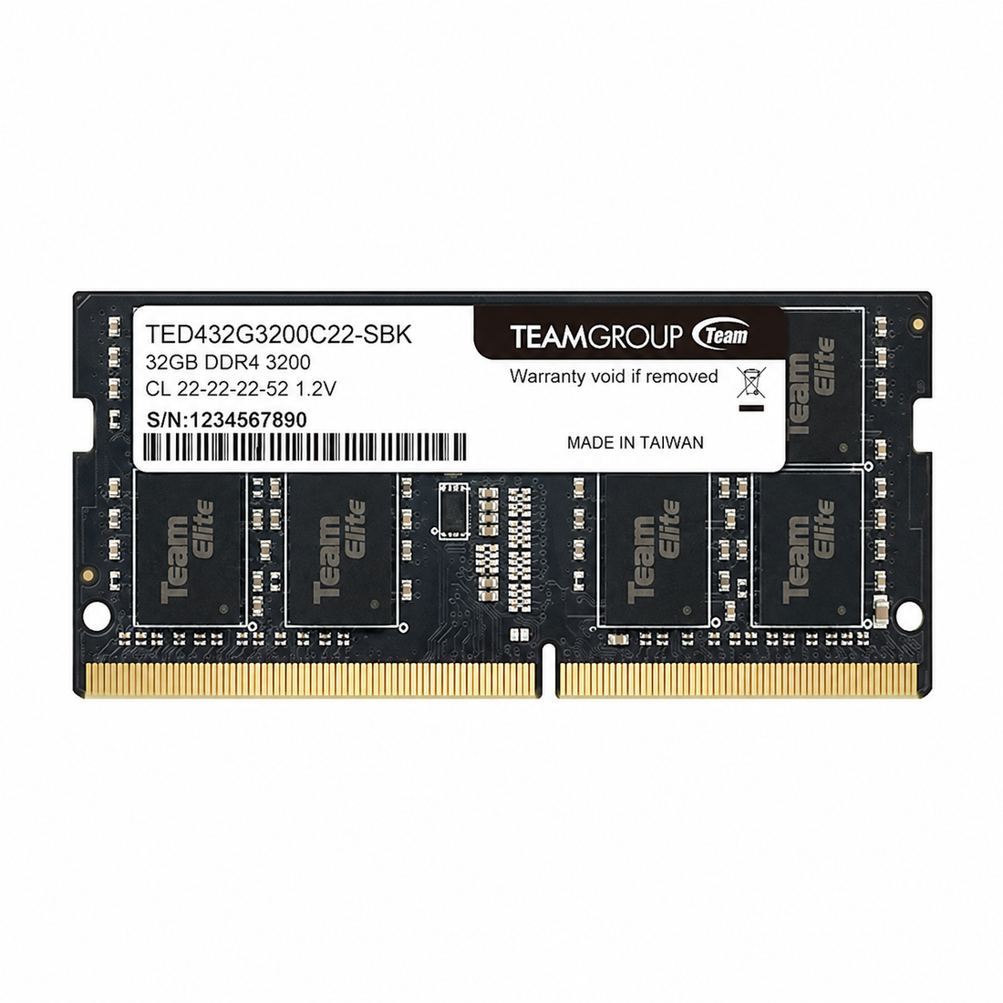TEAMGROUP ELITE 32GB DDR4 3200MHz SO-DIMM laptop RAM front view showing the memory module label and gold connector pins