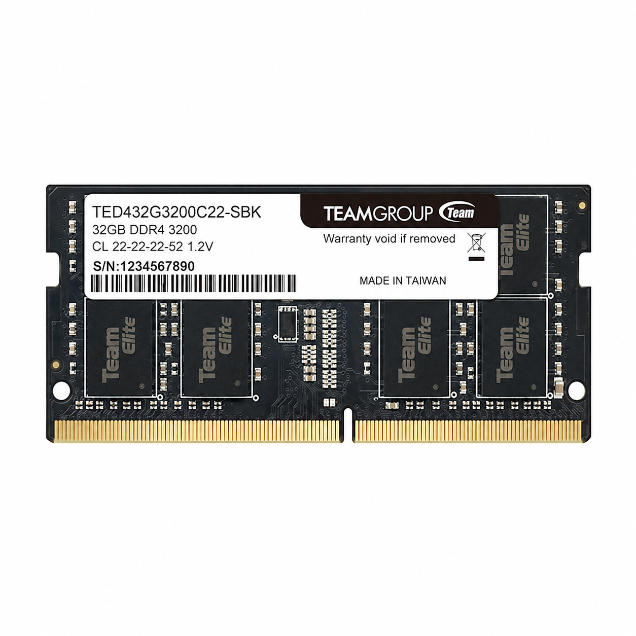 TEAMGROUP ELITE 32GB DDR4 3200MHz SO-DIMM laptop RAM front view showing the memory module label and gold connector pins