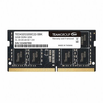 TEAMGROUP ELITE 32GB DDR4 3200MHz SO-DIMM laptop RAM front view showing the memory module label and gold connector pins