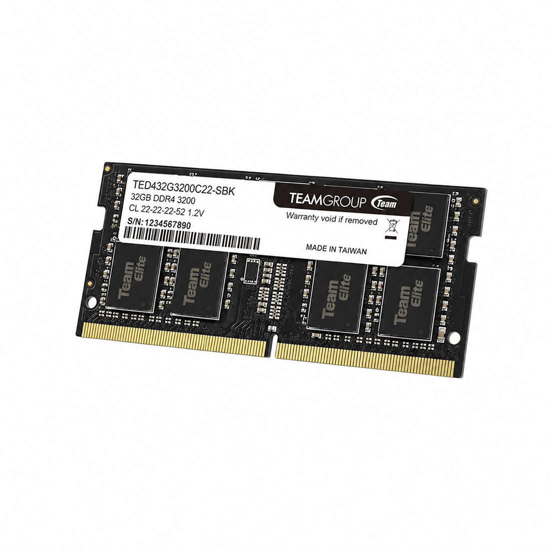 TEAMGROUP ELITE 32GB DDR4 3200MHz SO-DIMM laptop RAM front view showing the memory module label and gold connector pins