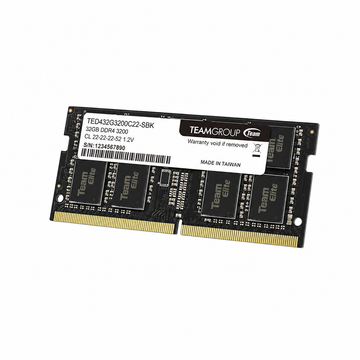 TEAMGROUP ELITE 32GB DDR4 3200MHz notebook memory module angled view with visible memory chips and product label