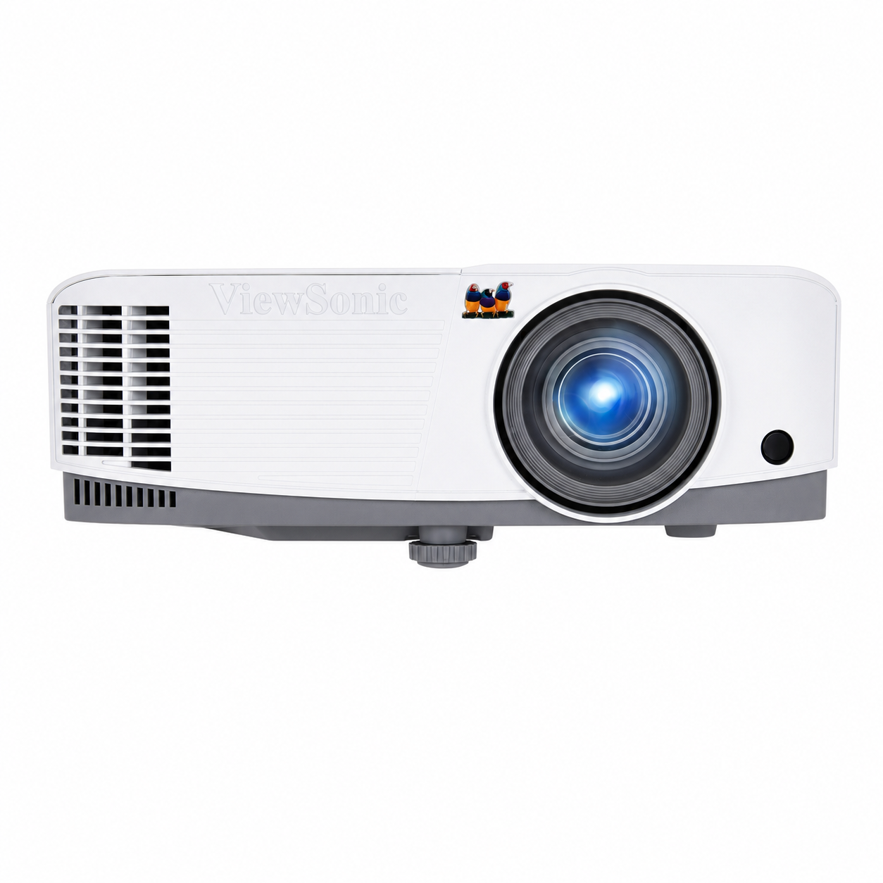 ViewSonic white projector front angled view showing the illuminated lens and ventilation grille