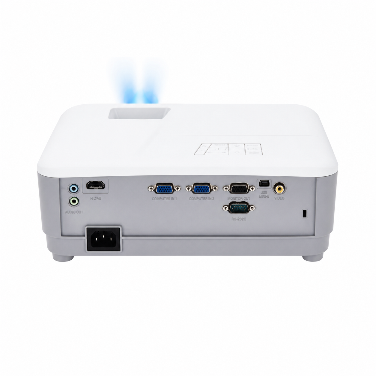 ViewSonic white projector rear view showing the connection ports and wireless connectivity indicator