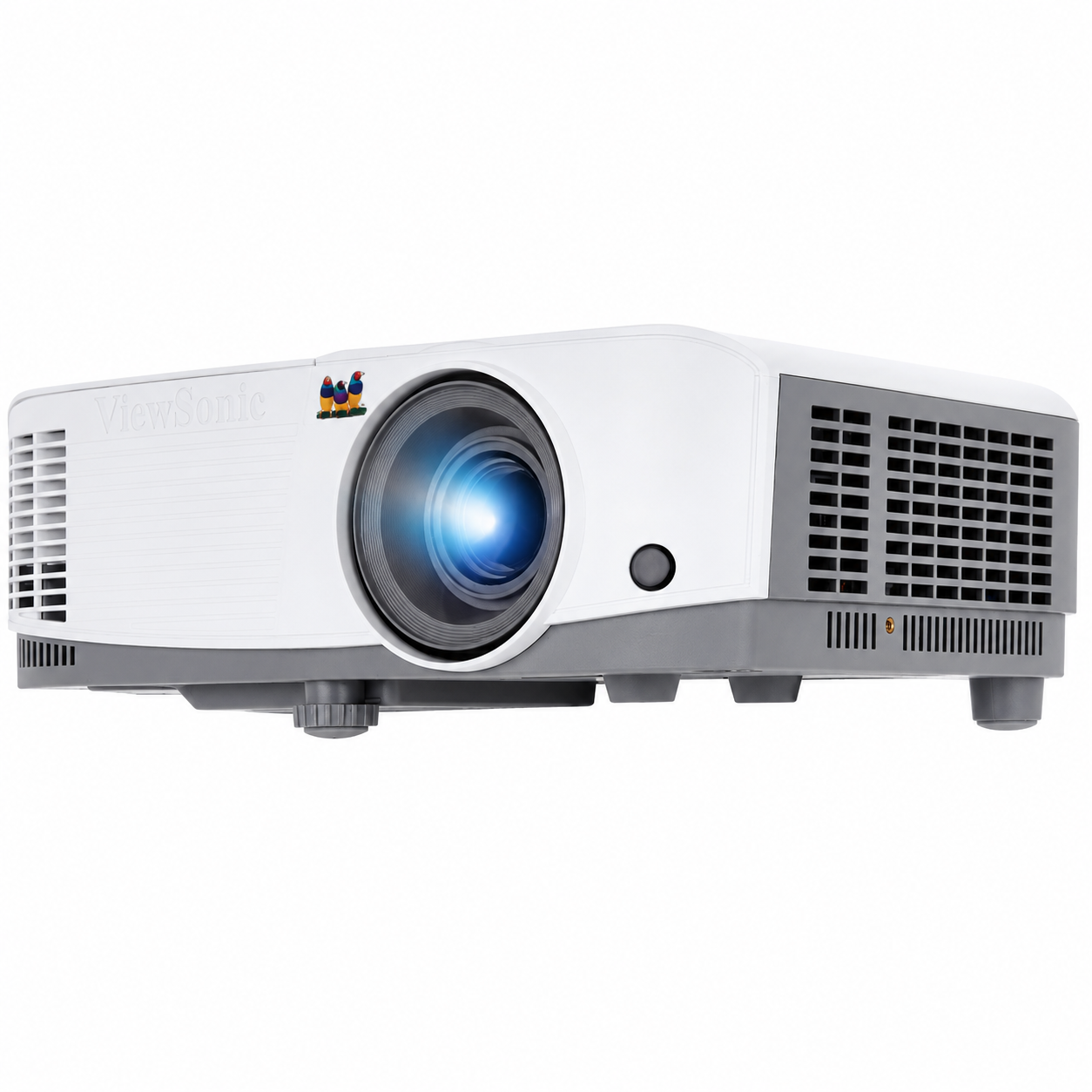 ViewSonic white projector three-quarter view showing the lens, top controls and side vents