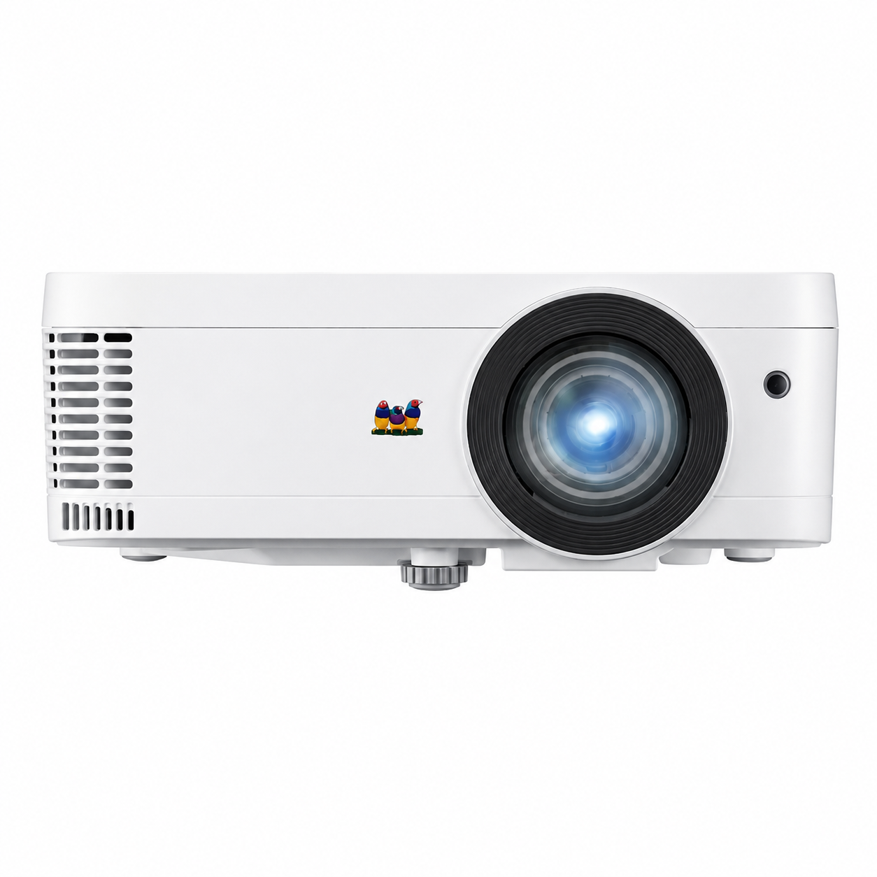 ViewSonic PX706HD Full HD short throw projector front view showing lens and compact white projector design.