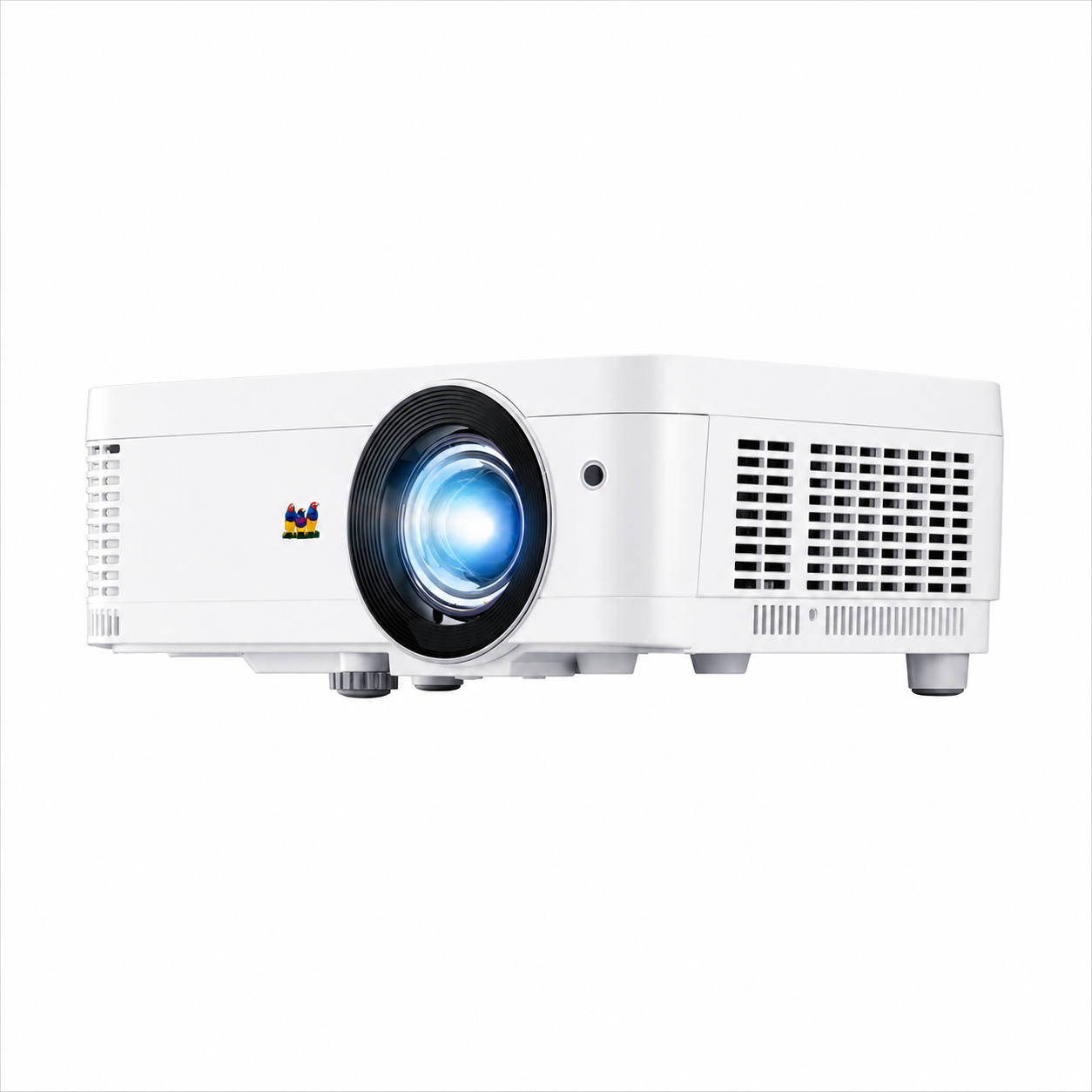 ViewSonic PX706HD Full HD short throw projector angled front view showing lens and side ventilation design.