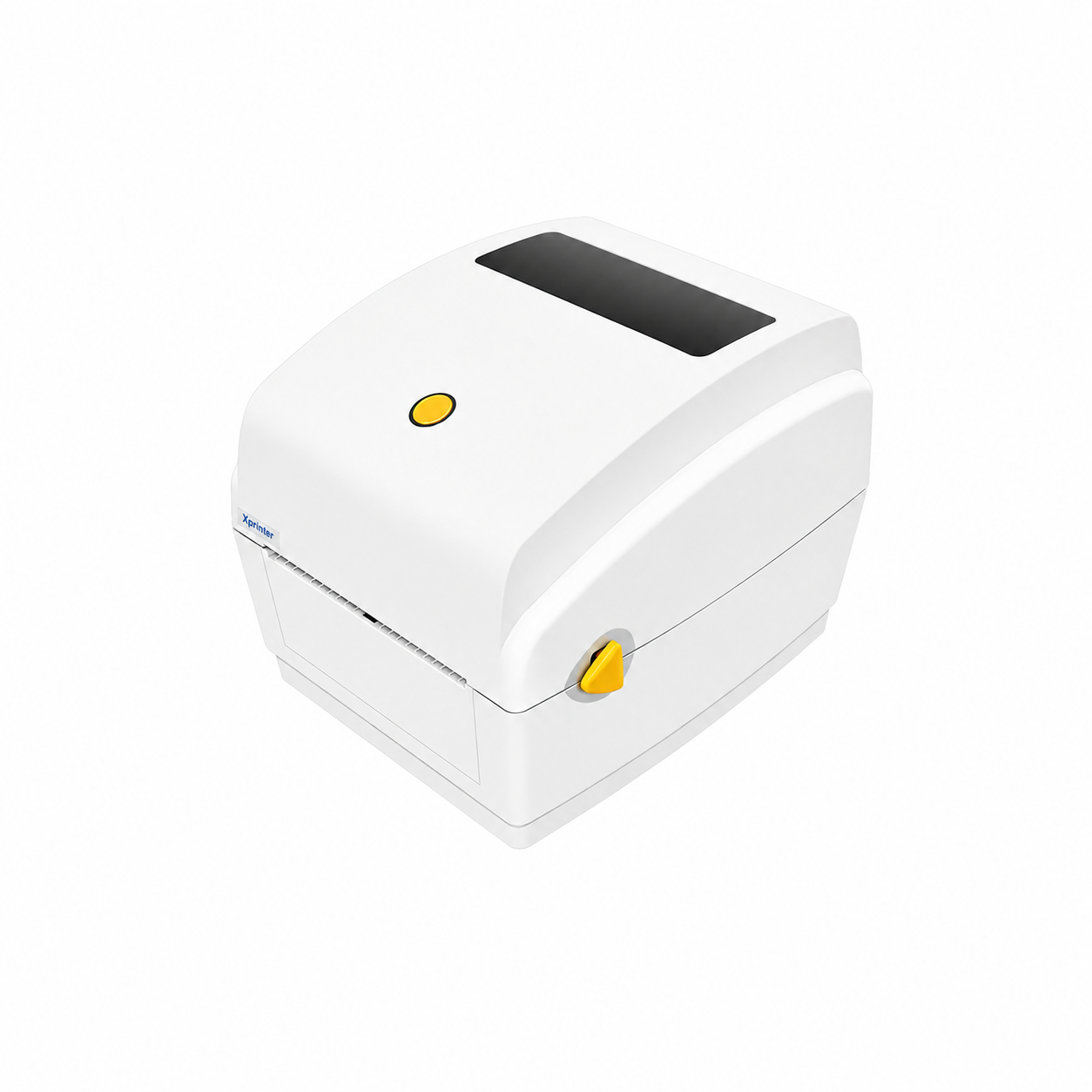 Xprinter XP-428B direct thermal barcode label printer right-side view showing the 4-inch label printer body and desktop profile.