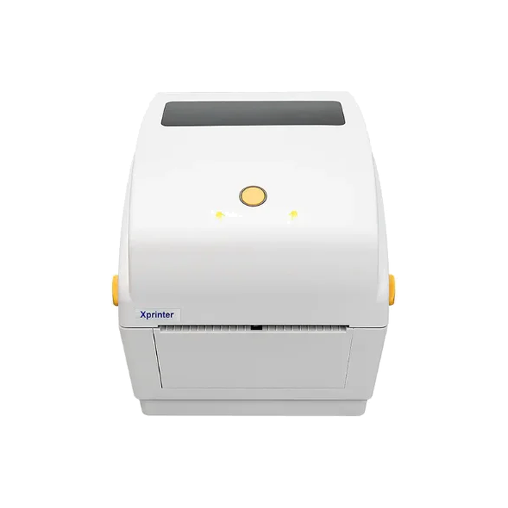 Xprinter XP-428B 4-inch direct thermal barcode label printer top view showing the label printer cover and compact desktop design.