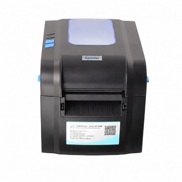 Xprinter XP-233B black direct thermal barcode label printer top view showing the compact 2-inch sticker printer cover and control area.