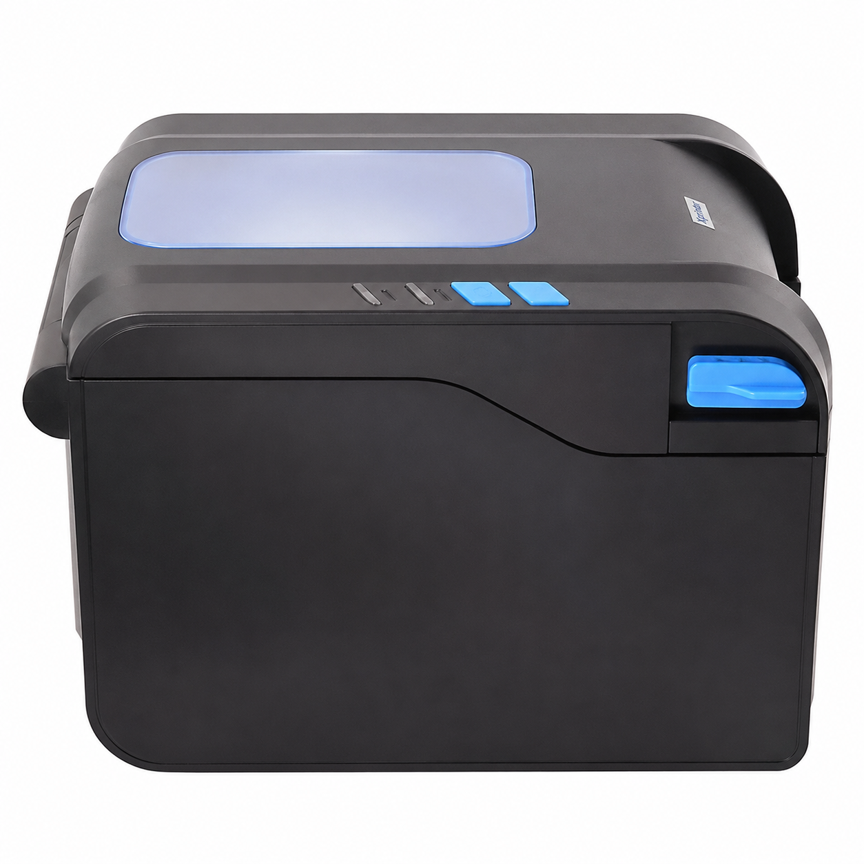 Xprinter XP-370B USB black thermal label printer right-side view showing the compact desktop barcode printer profile.