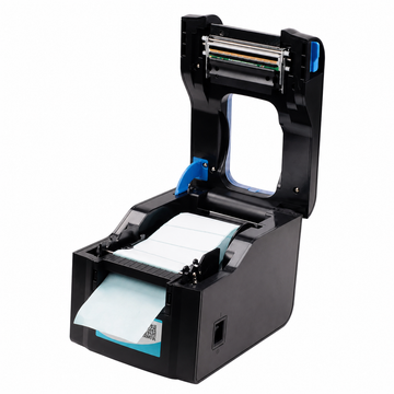 Xprinter XP-233B direct thermal label printer close-up showing the paper exit, control button and sticker printing area.