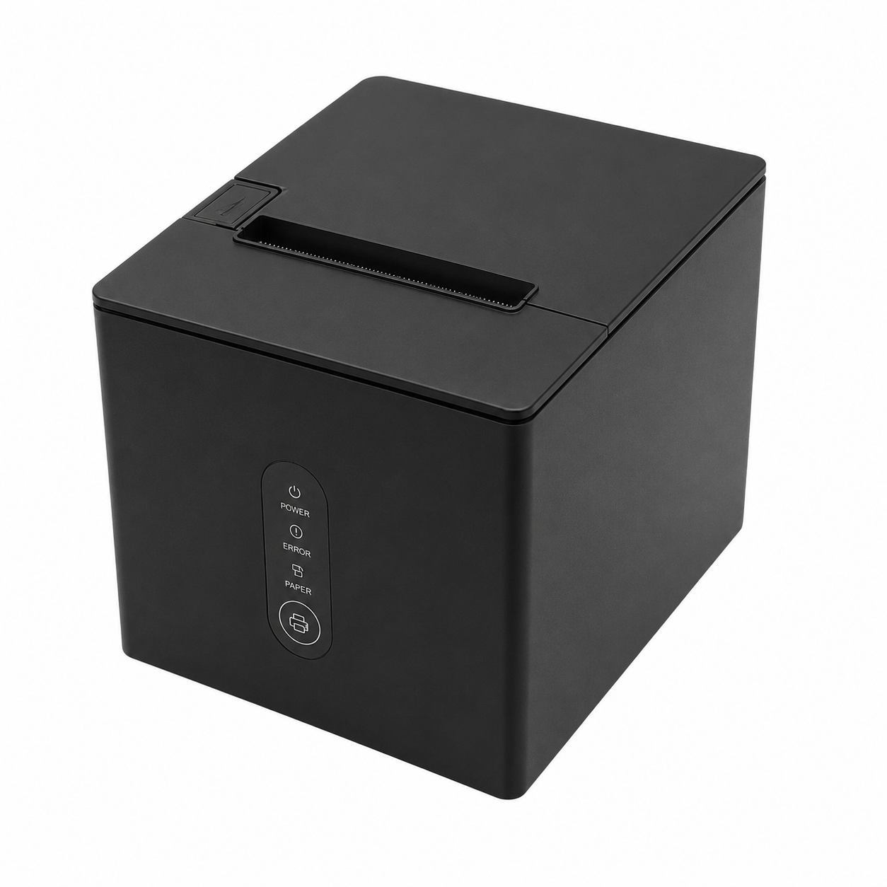 Xprinter XP-Q808K 80mm Thermal Receipt Printer angled front view showing compact black POS design and top paper output slot.