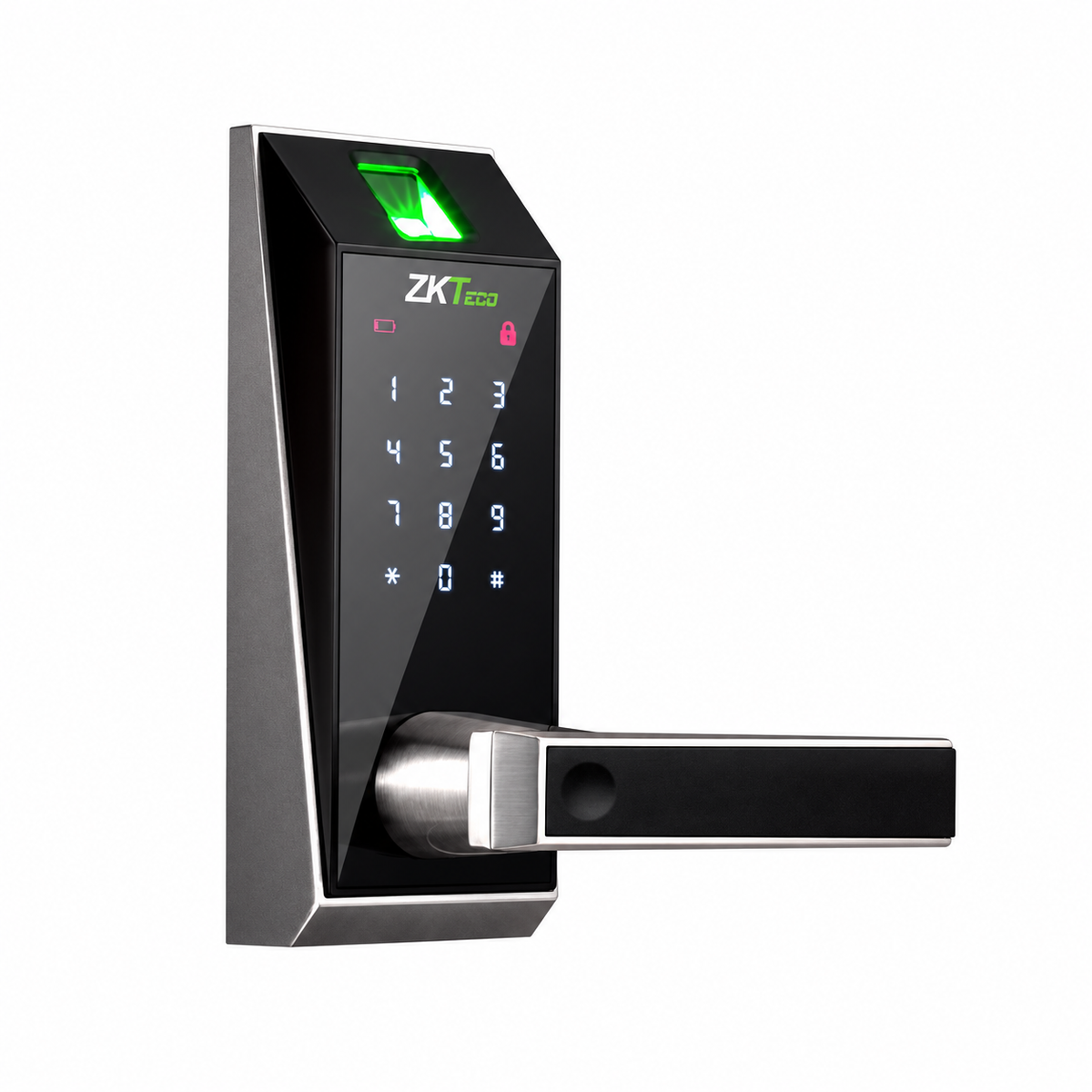 Black and silver ZKTeco AL20DB smart door lock, angled front view showing fingerprint sensor, touch keypad and handle.