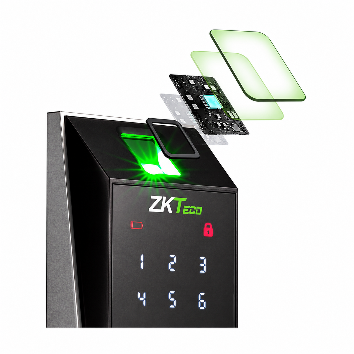 Black and silver ZKTeco AL20DB smart door lock, close-up angled view with exploded fingerprint sensor components.