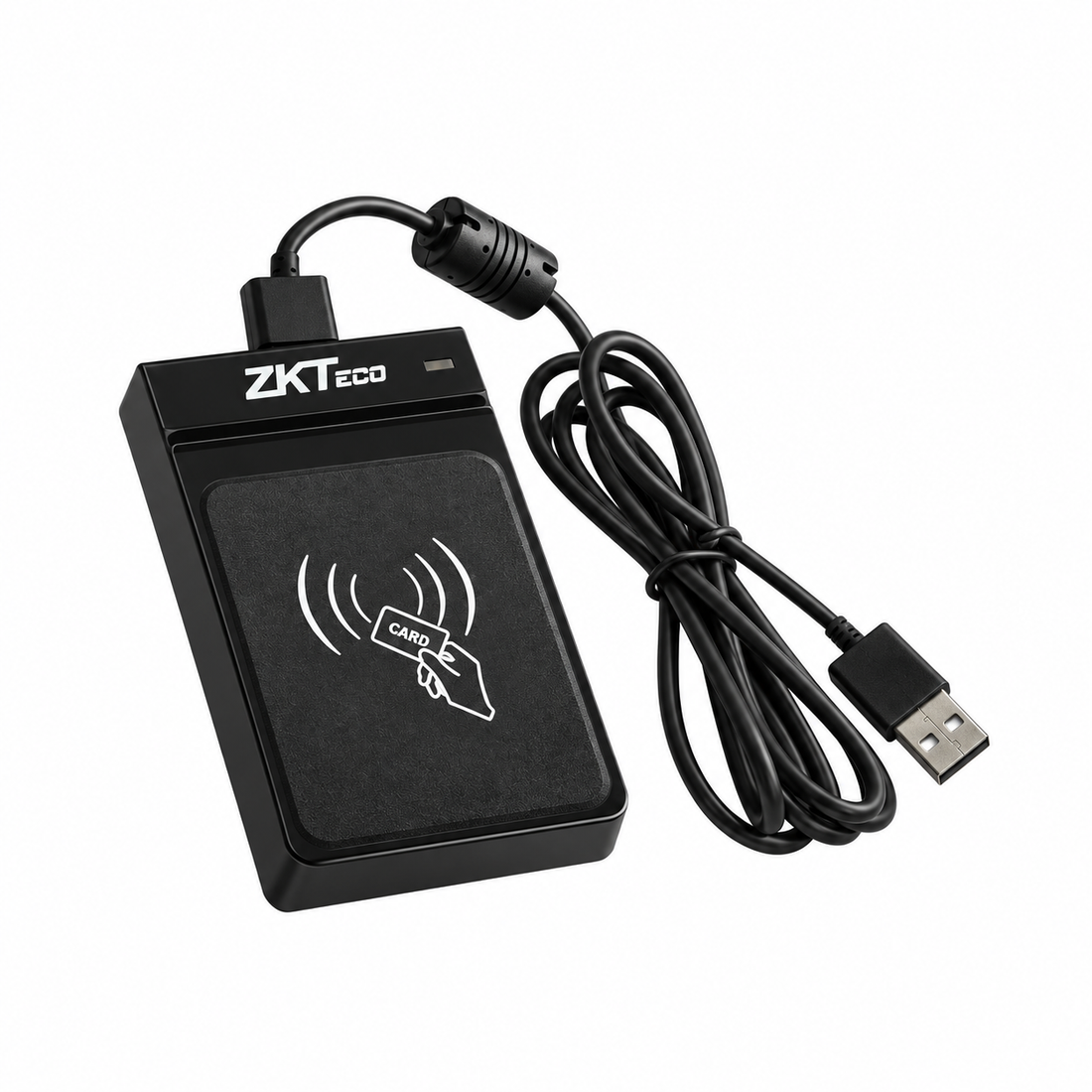 Black ZKTeco CR20M USB RFID card reader, top view with coiled USB cable.