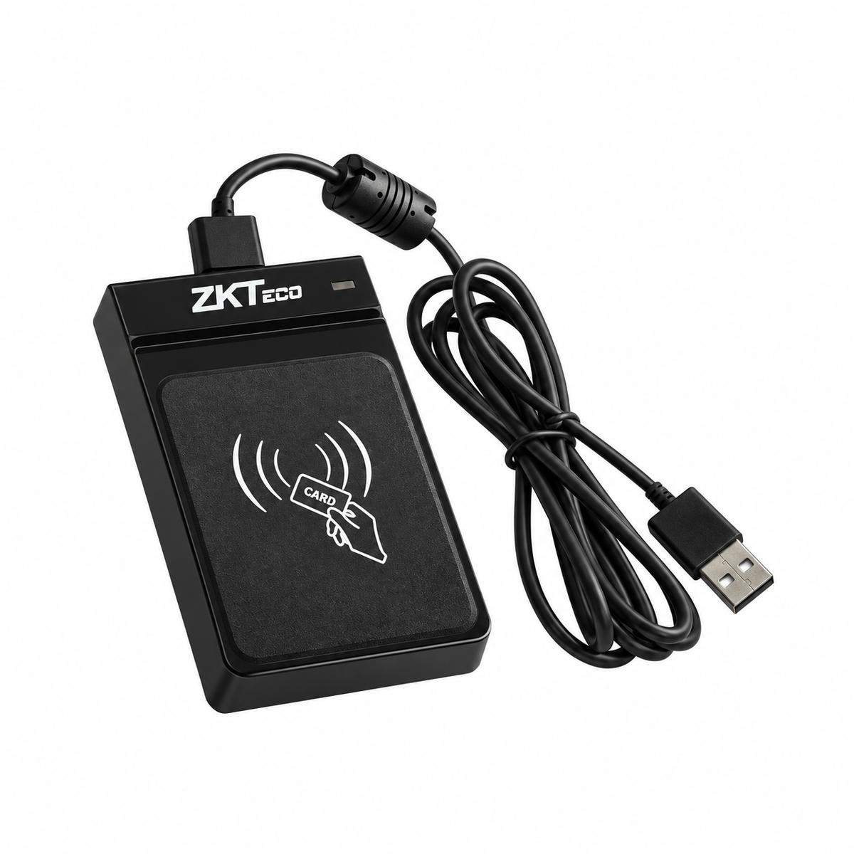 Black ZKTeco CR20M USB RFID card reader, left-side angled view with USB cable.