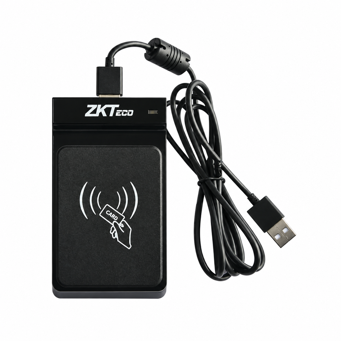 Black ZKTeco CR20M USB RFID card reader, top view with coiled USB cable.