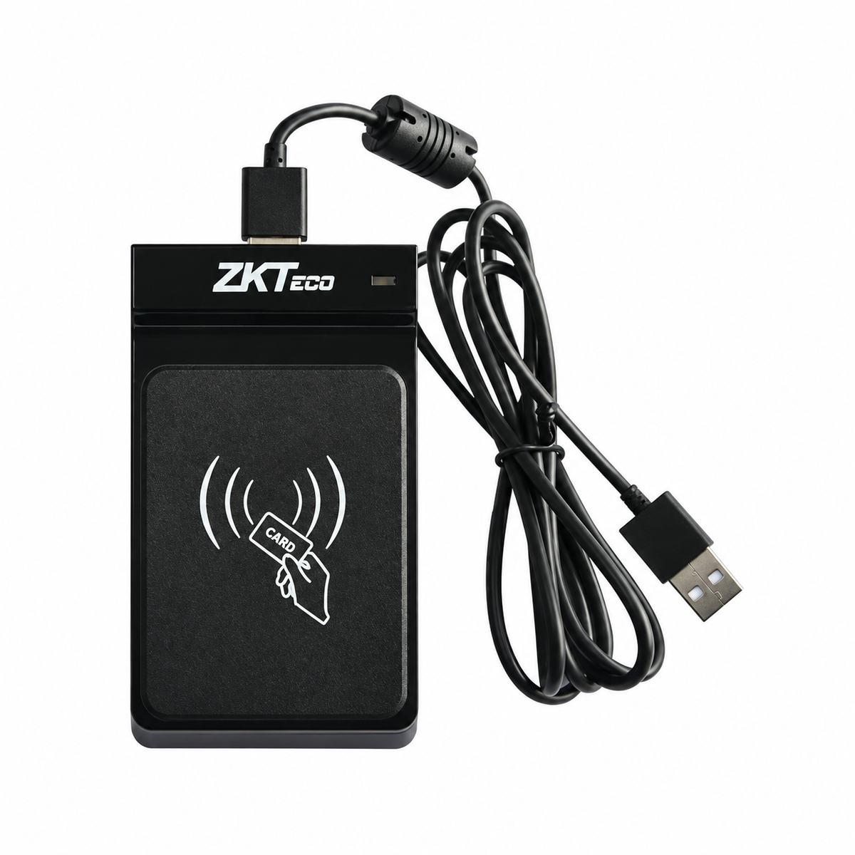 Black ZKTeco CR20M USB RFID card reader, top view with coiled USB cable.