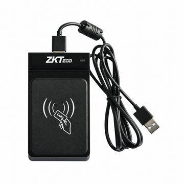 Black ZKTeco CR20M USB RFID card reader, top view with coiled USB cable.
