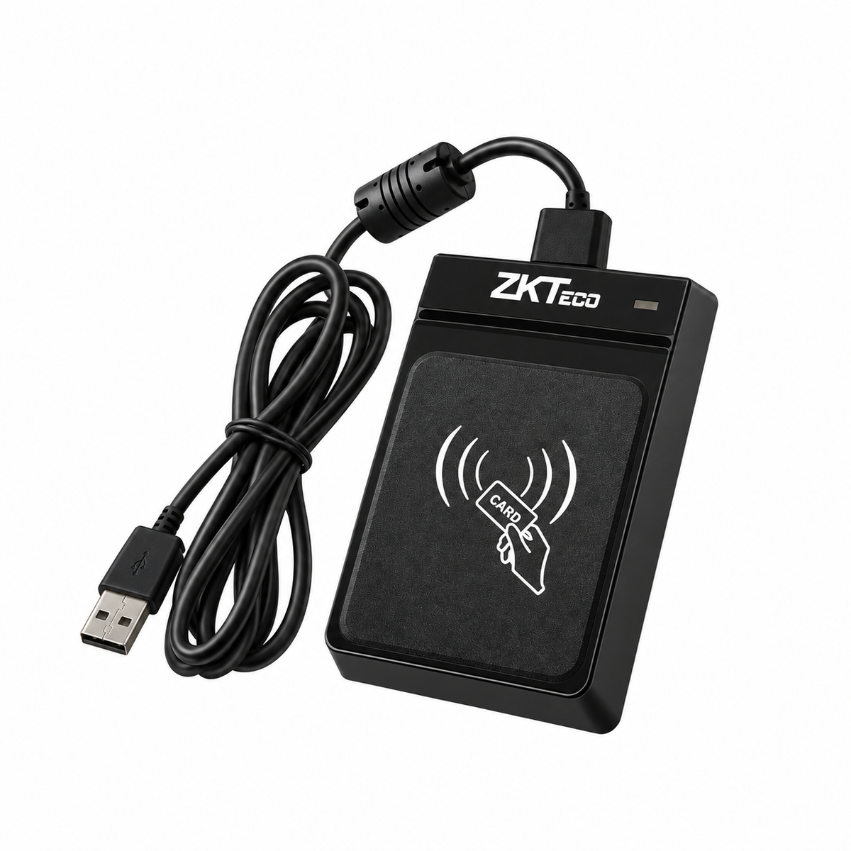 Black ZKTeco CR20M USB RFID card reader, right-side angled view with USB cable.