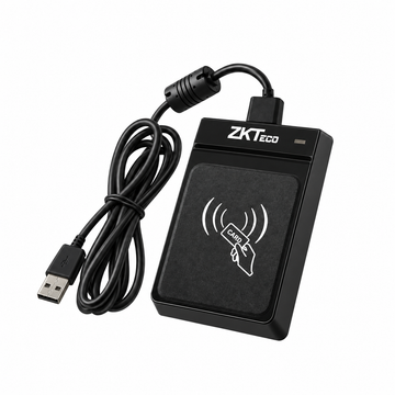Black ZKTeco CR20M USB RFID card reader, right-side angled view with USB cable.